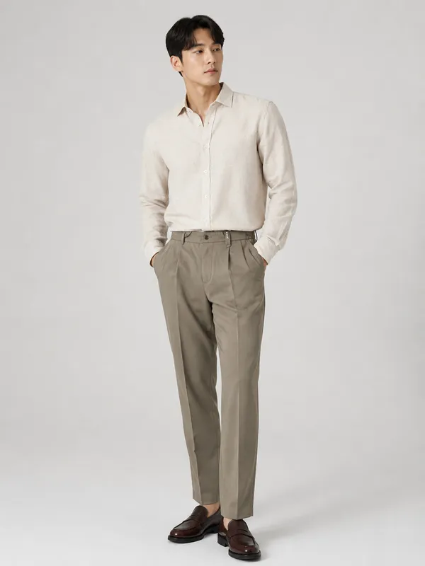 Olive_Green_Linen_Viscose_Pleated_Formal_Trousers_For_Men