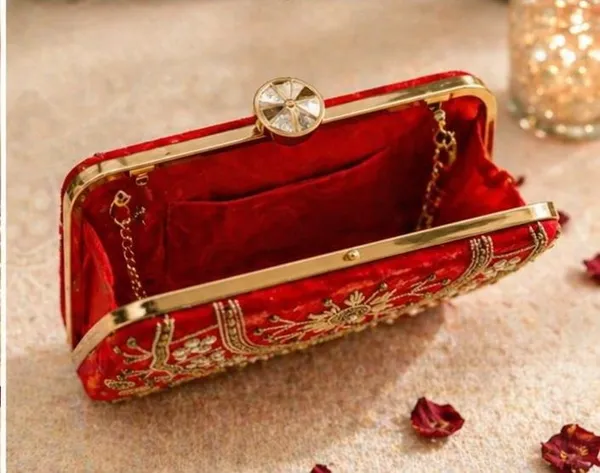 Red_Embroidered_Velvet_Clutch_Bag_with_Golden_Handle