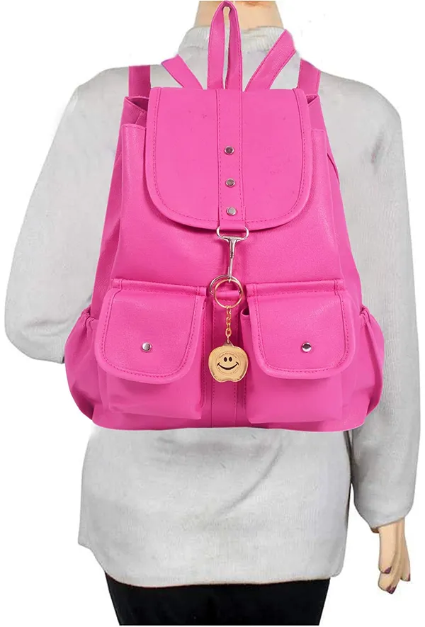 Pink_Casual_Backpack_With_Smiley_Keychain_And_Multiple_Pockets