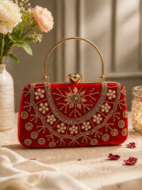 Red_Embroidered_Velvet_Clutch_Bag_with_Golden_Handle
