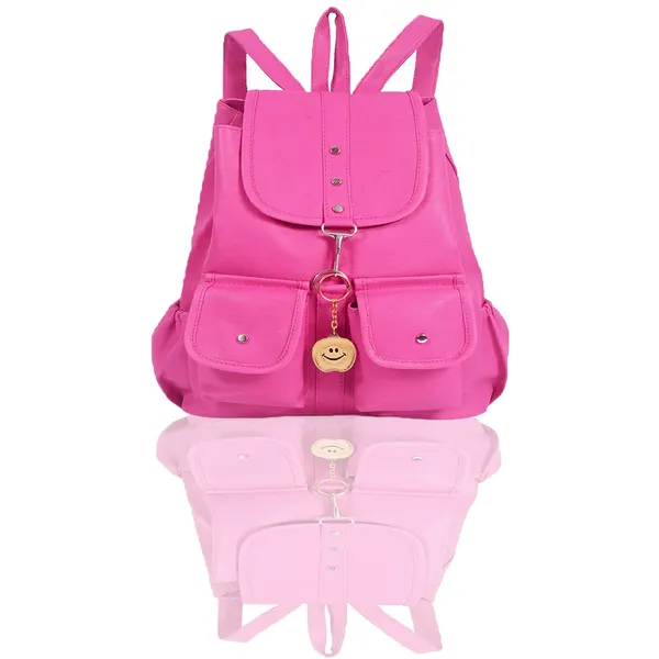 Pink_Casual_Backpack_With_Smiley_Keychain_And_Multiple_Pockets