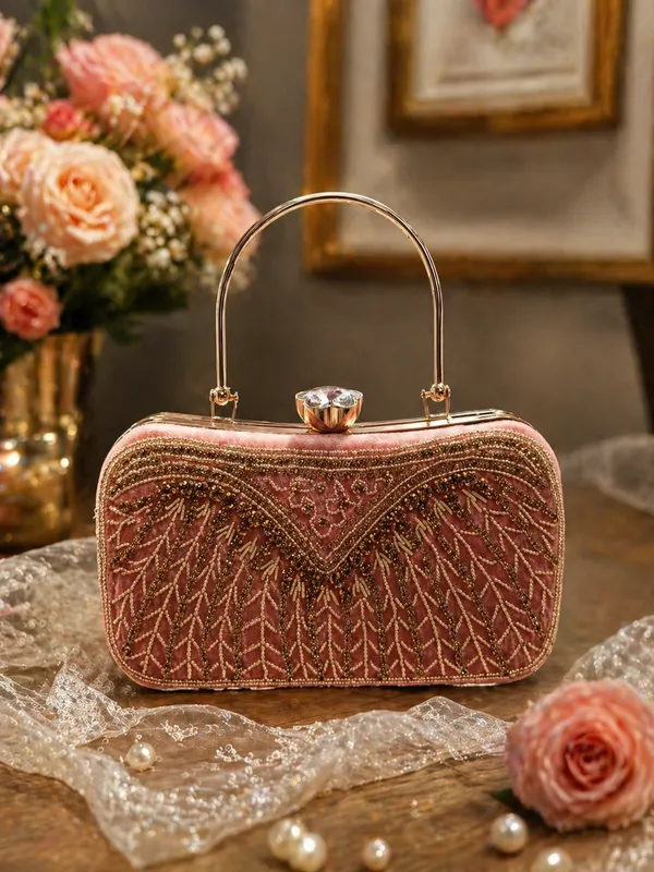 Elegant_Rose_Gold_Embroidered_Clutch_with_Metal_Handle