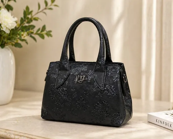 Black_Embossed_Floral_Handbag_with_Top_Handles