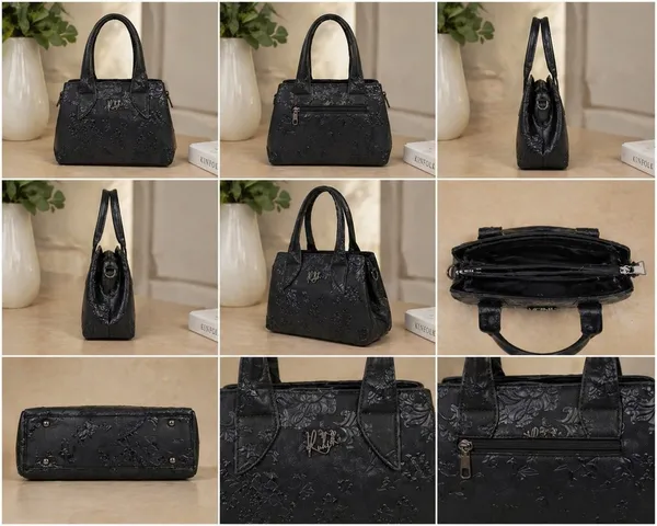 Black_Embossed_Floral_Handbag_with_Top_Handles