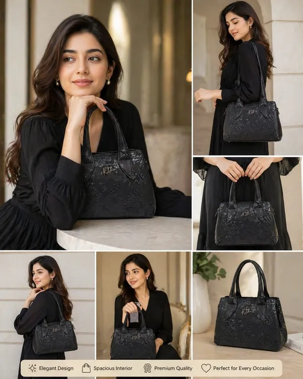 Black_Embossed_Floral_Handbag_with_Top_Handles