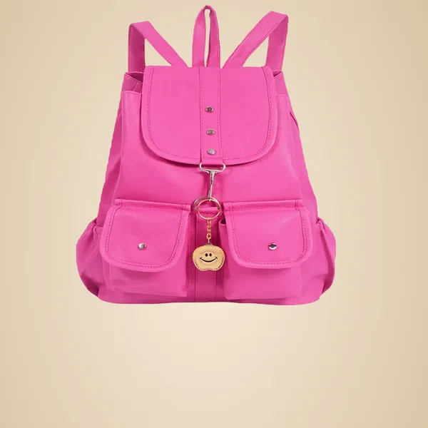 Pink_Casual_Backpack_With_Smiley_Keychain_And_Multiple_Pockets
