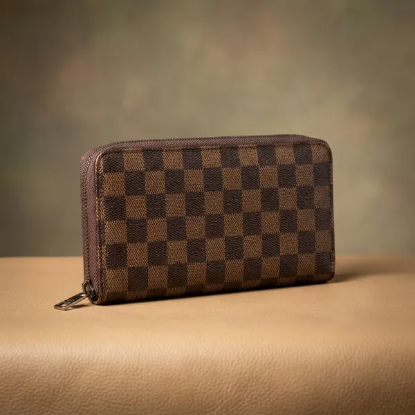 Checkered_Pattern_Zip-Around_Wallet_With_Classic_Brown_Design_For_Women