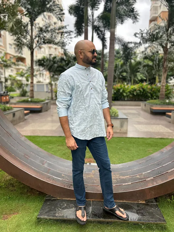 White_Print_Cotton_Kurta_For_Men