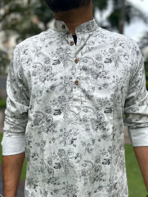 White_Floral_Print_Cotton_Kurta_For_Men