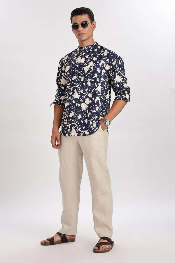 Blue_Floral_Print_Cotton_Kurta_For_Men