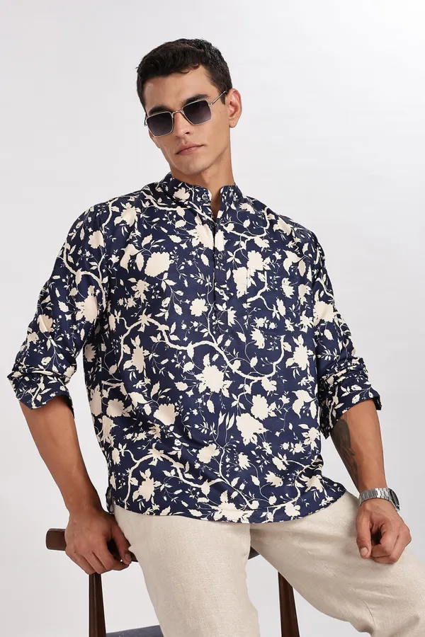 Blue_Floral_Print_Cotton_Kurta_For_Men