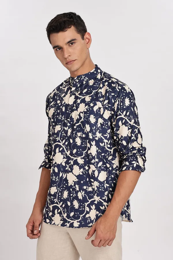 Blue_Floral_Print_Cotton_Kurta_For_Men