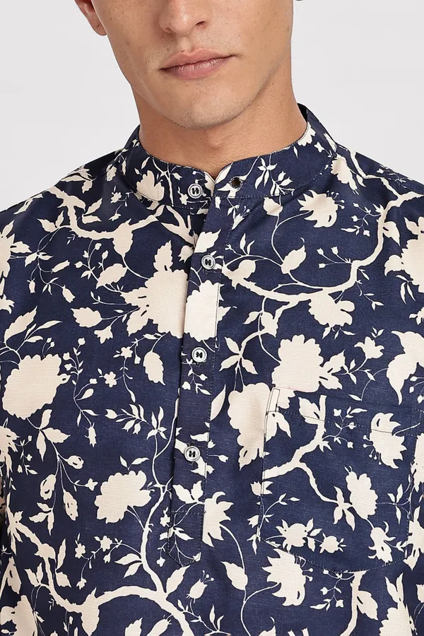 Blue_Floral_Print_Cotton_Kurta_For_Men