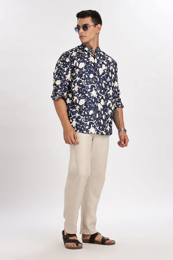 Blue_Floral_Print_Cotton_Kurta_For_Men