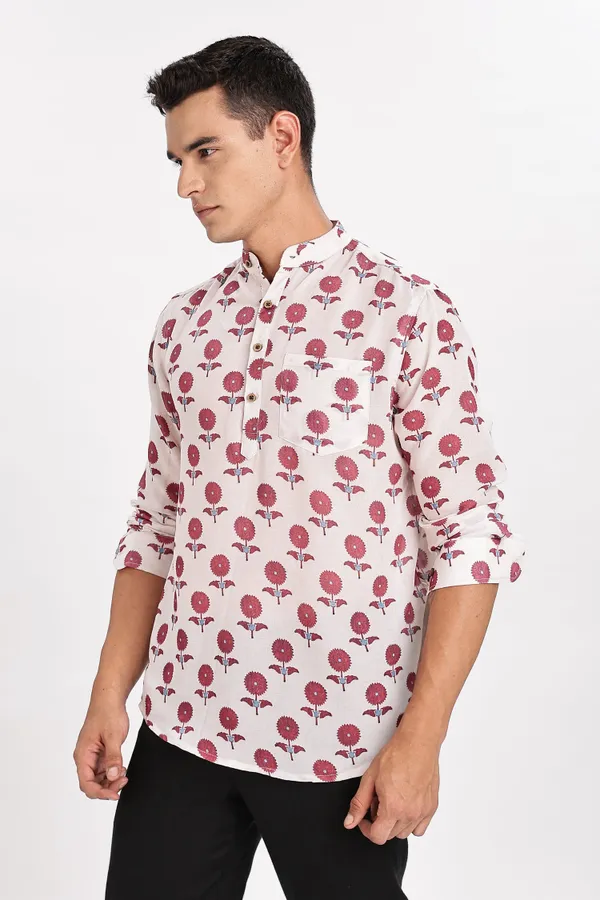 White_And_Pink_Floral_Print_Cotton_Kurta_For_Men