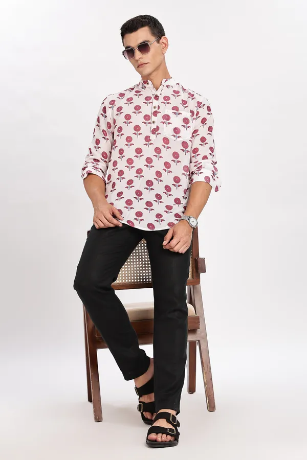 White_And_Pink_Floral_Print_Cotton_Kurta_For_Men