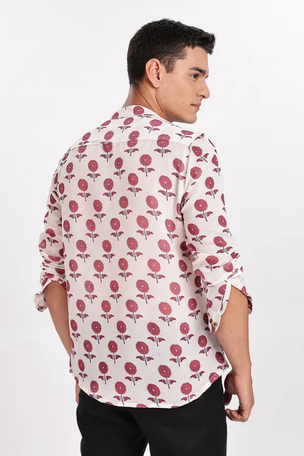 White_And_Pink_Floral_Print_Cotton_Kurta_For_Men