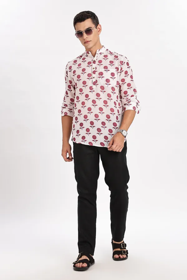 White_And_Pink_Floral_Print_Cotton_Kurta_For_Men