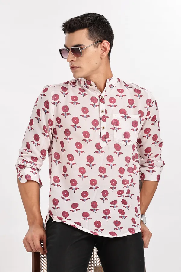 White_And_Pink_Floral_Print_Cotton_Kurta_For_Men