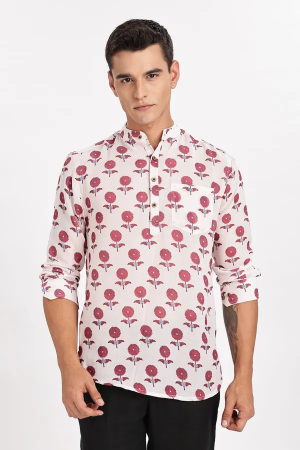 White_And_Pink_Floral_Print_Cotton_Kurta_For_Men
