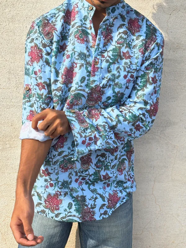 Blue_Floral_Print_Cotton_Kurta_For_Men