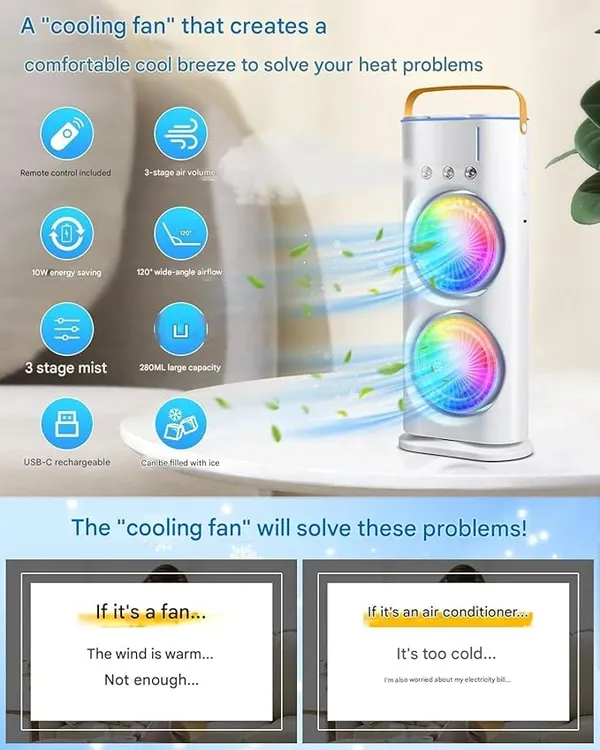 4000mAh_Double_Ended_Spray_Fan,_Cold_Air,_2025_New_3_Gears_USB_Rechargeable_Oscillating_one_with_LED_Light_Cooler,_Tower_Air_Coolers_&_Remote_Control,_280ml_Water_Tank,_Ice_Filling