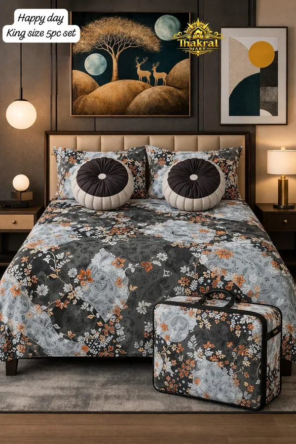 Luxurious_Cotton_Feel_Glace_Cotton_King_Size_Double_Bed_Bedsheet_108X108_Inches_With_2_Pillow_Covers_&_2_Round_Cushions,_5Pc_Bedsheet_Set