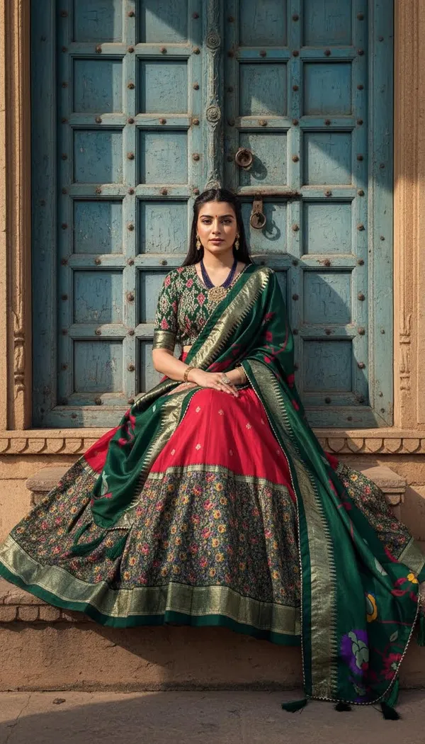 Red_Dola_Silk_Patola_Foil_Print_Flared_Lehenga_Choli_For_Women