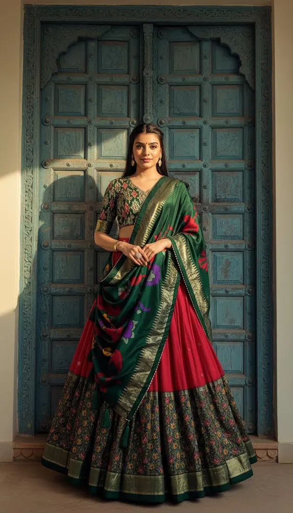 Red_Dola_Silk_Patola_Foil_Print_Flared_Lehenga_Choli_For_Women