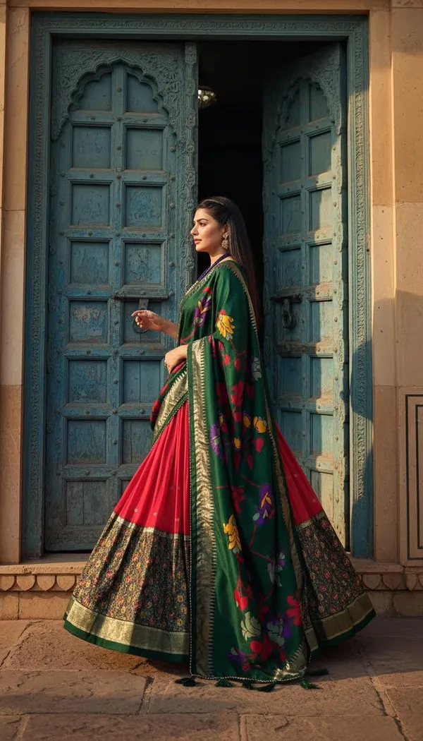 Red_Dola_Silk_Patola_Foil_Print_Flared_Lehenga_Choli_For_Women