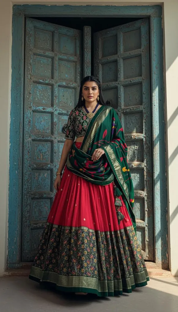 Red_Dola_Silk_Patola_Foil_Print_Flared_Lehenga_Choli_For_Women