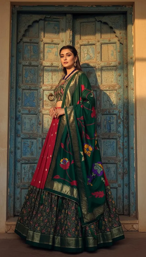 Red_Dola_Silk_Patola_Foil_Print_Flared_Lehenga_Choli_For_Women