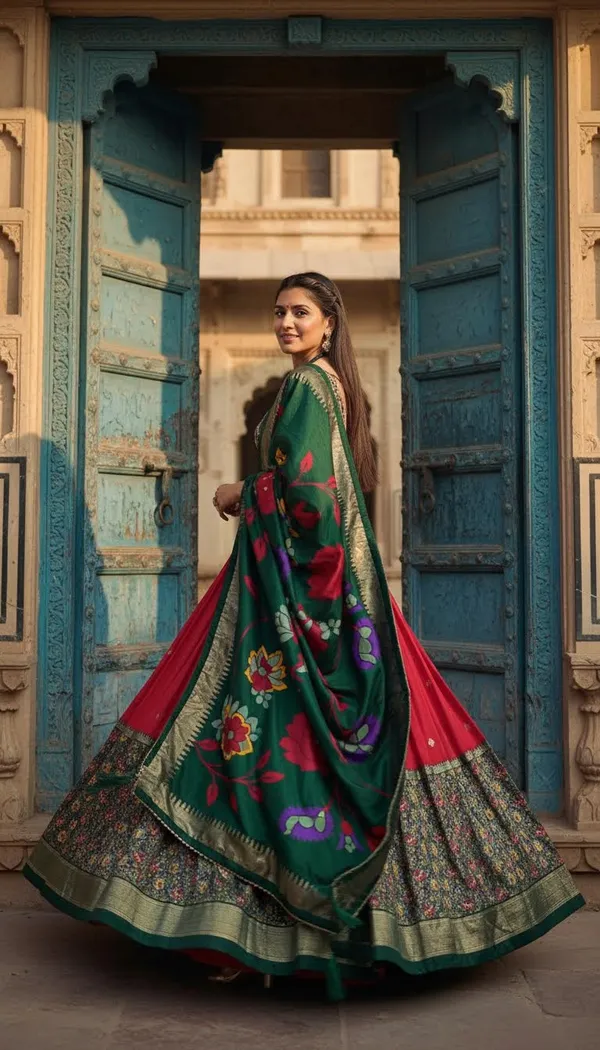 Red_Dola_Silk_Patola_Foil_Print_Flared_Lehenga_Choli_For_Women