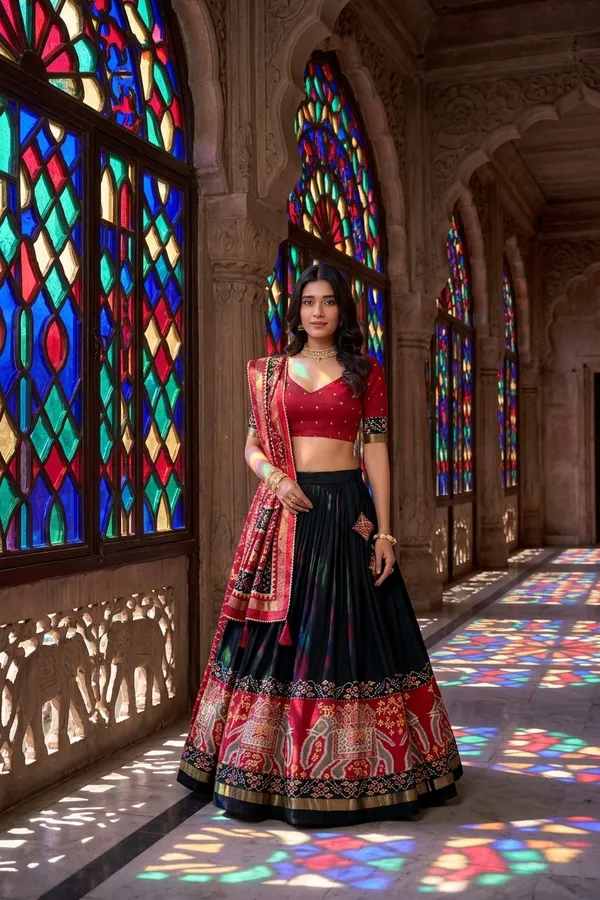 Black_Dola_Silk_Patola_Foil_Print_Flared_Lehenga_Choli_For_Women