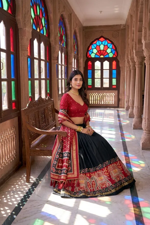 Black_Dola_Silk_Patola_Foil_Print_Flared_Lehenga_Choli_For_Women