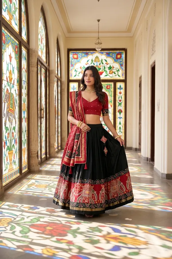 Black_Dola_Silk_Patola_Foil_Print_Flared_Lehenga_Choli_For_Women