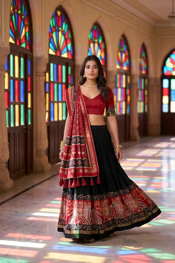 Black_Dola_Silk_Patola_Foil_Print_Flared_Lehenga_Choli_For_Women