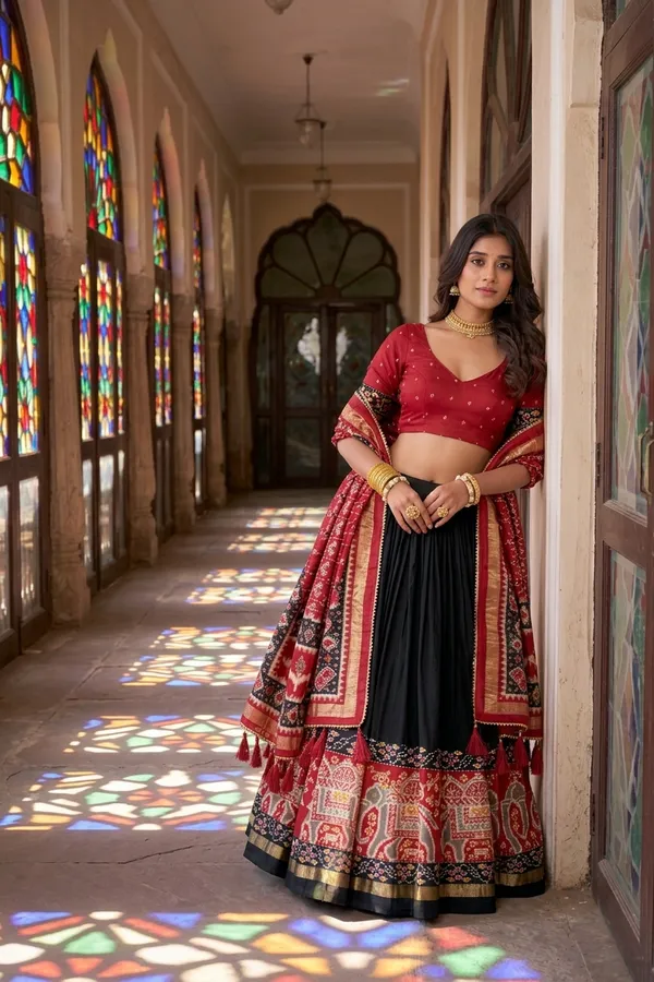 Black_Dola_Silk_Patola_Foil_Print_Flared_Lehenga_Choli_For_Women