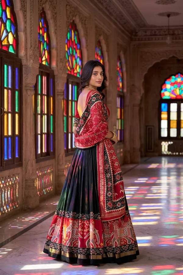 Black_Dola_Silk_Patola_Foil_Print_Flared_Lehenga_Choli_For_Women