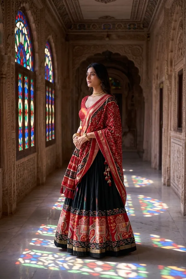 Black_Dola_Silk_Patola_Foil_Print_Flared_Lehenga_Choli_For_Women