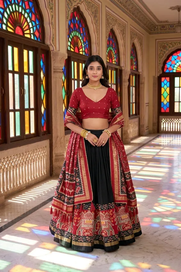 Black_Dola_Silk_Patola_Foil_Print_Flared_Lehenga_Choli_For_Women