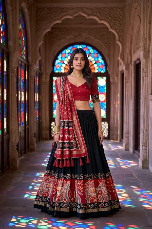 Black_Dola_Silk_Patola_Foil_Print_Flared_Lehenga_Choli_For_Women