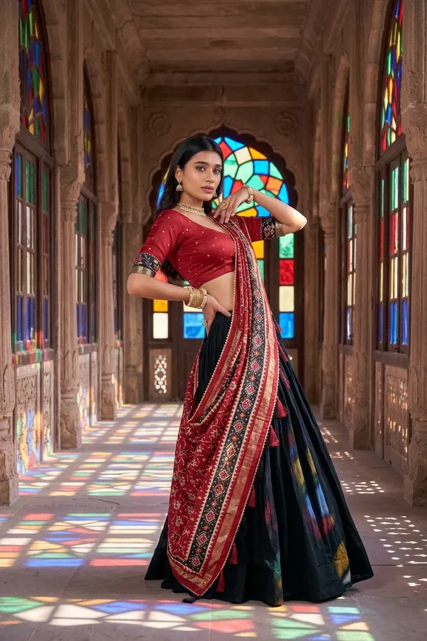 Black_Dola_Silk_Patola_Foil_Print_Flared_Lehenga_Choli_For_Women