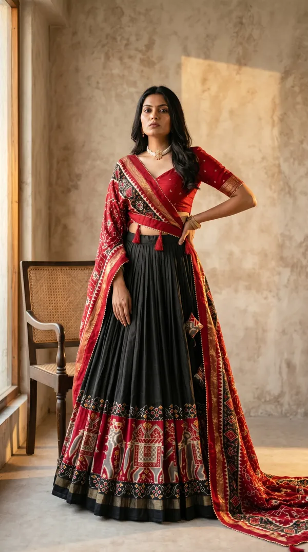 Black_Dola_Silk_Patola_Foil_Print_Flared_Lehenga_Choli_For_Women