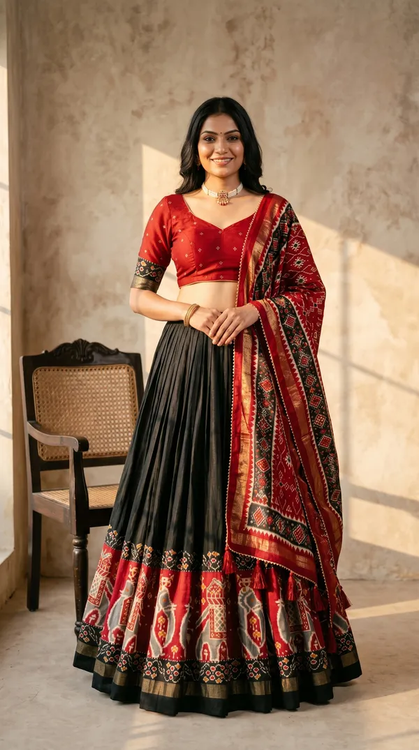 Black_Dola_Silk_Patola_Foil_Print_Flared_Lehenga_Choli_For_Women