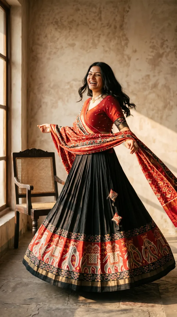 Black_Dola_Silk_Patola_Foil_Print_Flared_Lehenga_Choli_For_Women
