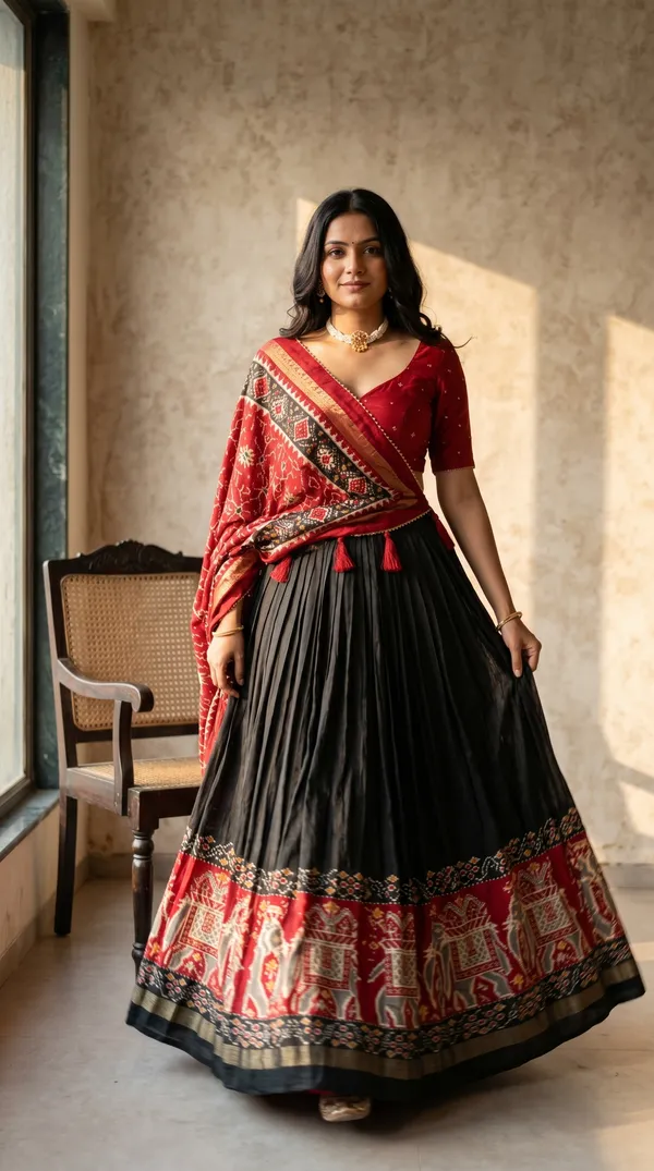 Black_Dola_Silk_Patola_Foil_Print_Flared_Lehenga_Choli_For_Women