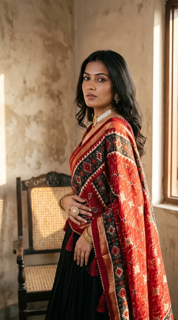 Black_Dola_Silk_Patola_Foil_Print_Flared_Lehenga_Choli_For_Women