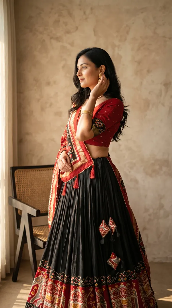 Black_Dola_Silk_Patola_Foil_Print_Flared_Lehenga_Choli_For_Women