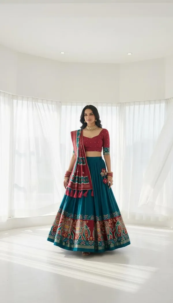Firoji_Dola_Silk_Patola_Foil_Print_Flared_Lehenga_Choli_For_Women